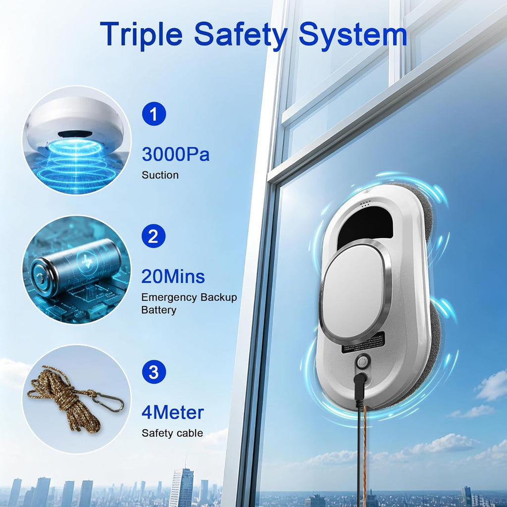 Automatic Window Cleaning Robot,Smart Robot Window Cleaner Inside/Outside,3000Pa Suction,Edge Detection,Intelligent Path Planning,Remote Control for high Glass,Shower,Mirror with 10 Rags(White)