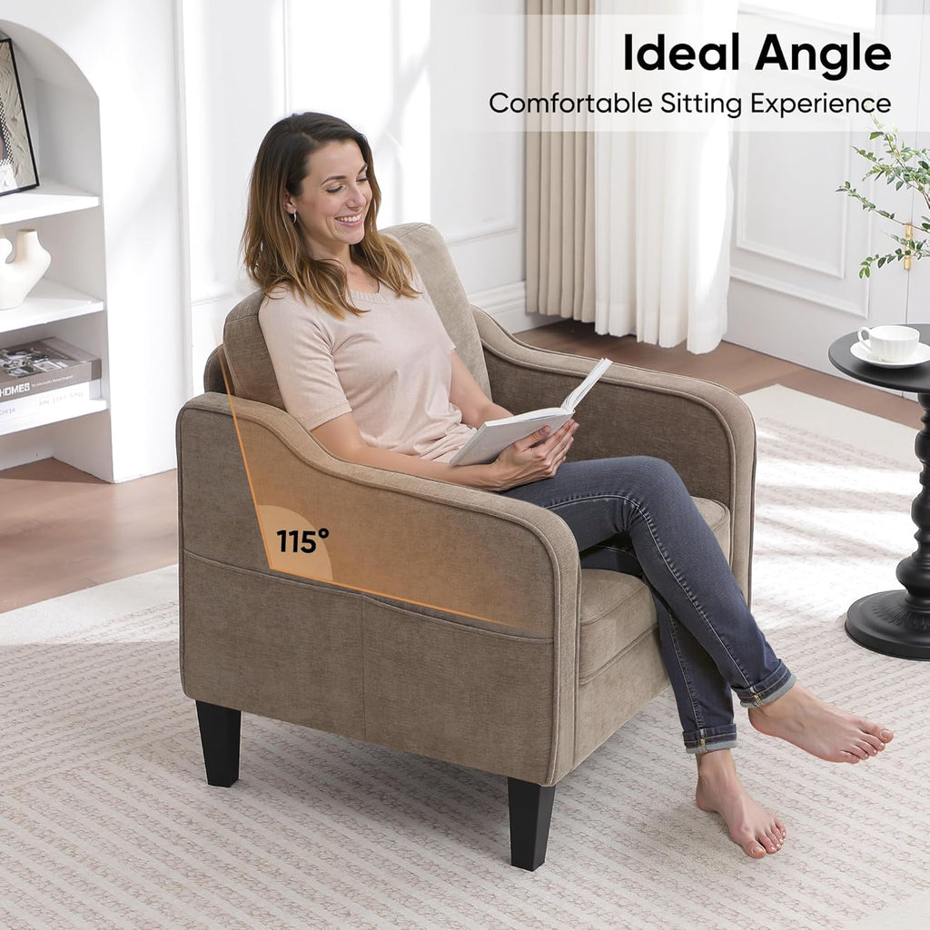 Accent Chairs Set of 2, Upholstered Living Room Chair with Side Pockets, Mid Century Modern Reading Chair for Bedroom, Comfy Armchair Single Sofa Side Chair for Office, Small Room, Brown