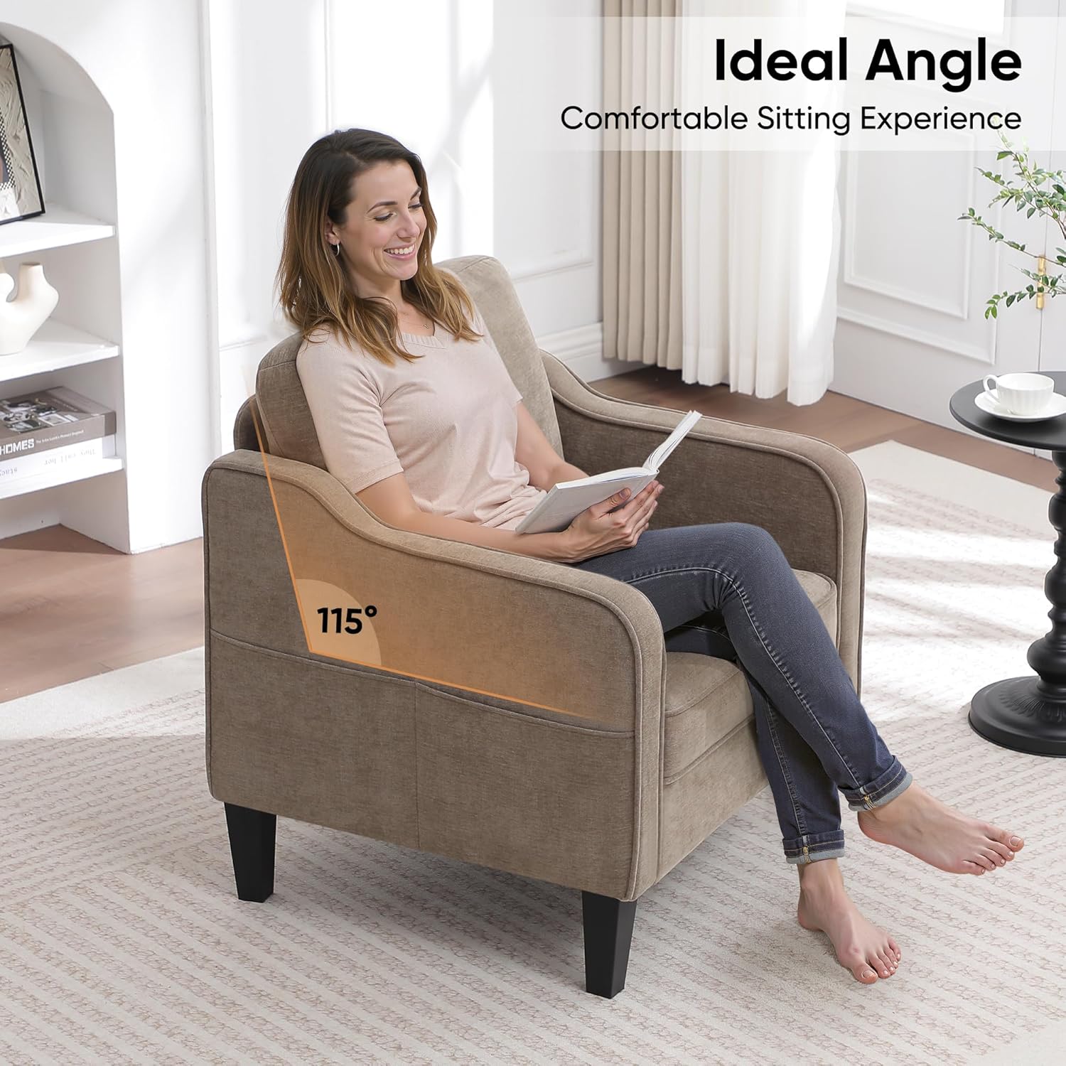 Accent Chairs Set of 2, Upholstered Living Room Chair with Side Pockets, Mid Century Modern Reading Chair for Bedroom, Comfy Armchair Single Sofa Side Chair for Office, Small Room, Brown