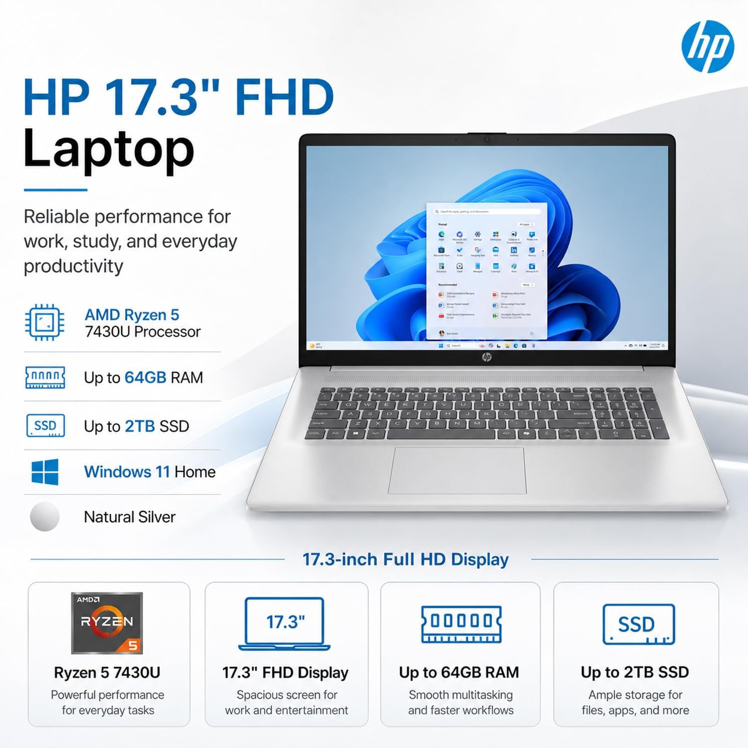 HP New Released 17.3" FHD Business Laptop(2026/2027Edition) with MS365 for Web, Powerful AMD Ryzen 5 7430U(Beats Core i7-1335U), 16GB RAM, 512GB PCIe, Ultra Quiet Design, Long Battery Life, Windows 11