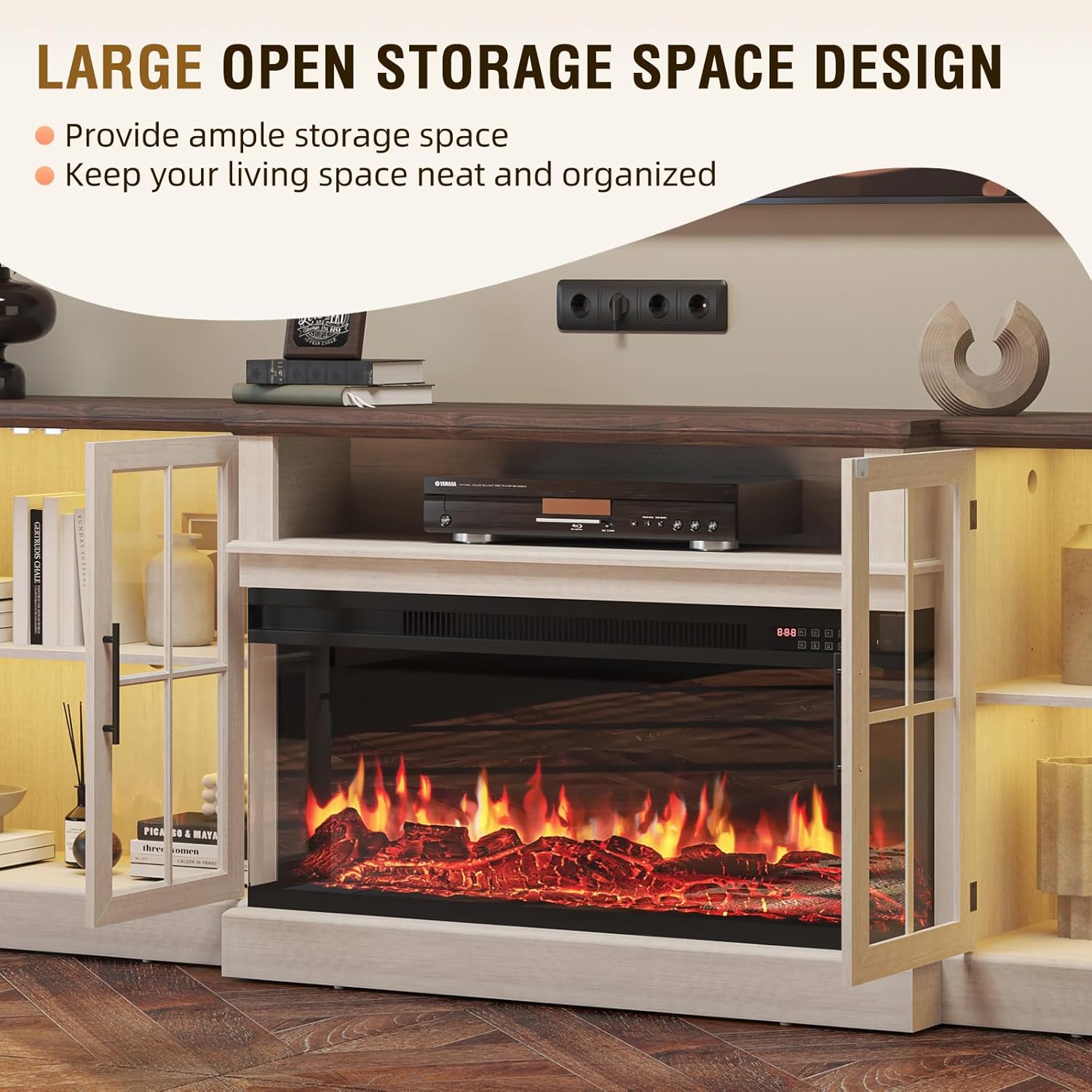 98" Farmhouse TV Stand with 36" Fireplace for TVs up to 100", Media Entertainment Center with Adjustable Shelves and Large Storage Cabinets, for Living Room, White & Black