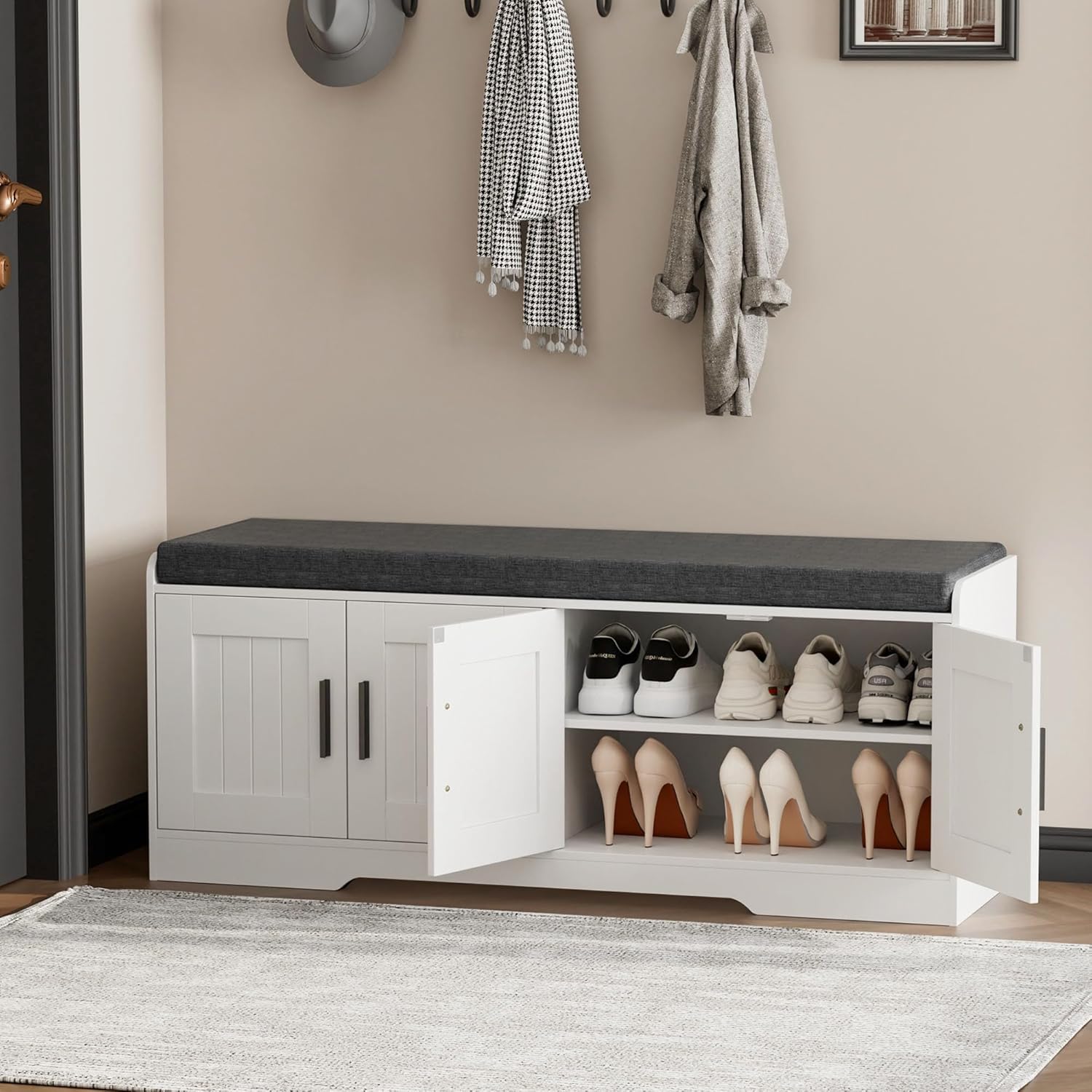 Homleke 2-Tier Storage Bench, Shoe Bench with Thickened Padded Seat Cushion, Entryway Bench with 4 Doors, Adjustable Shelf, 13.8" D x 45.3" W x 18.5" H, for Entryway, Living Room, Bedroom, White