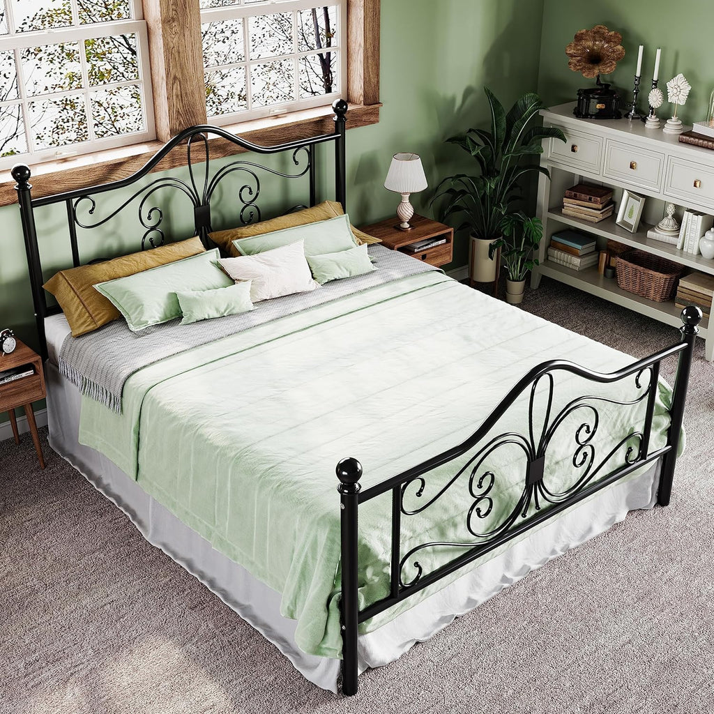 Allewie Queen Size Bed Frame with Headboard,Metal Bed Frame with Butterfly Pattern Design Headboard & Footboard,No Box Spring Needed,Easy Assembly,Black