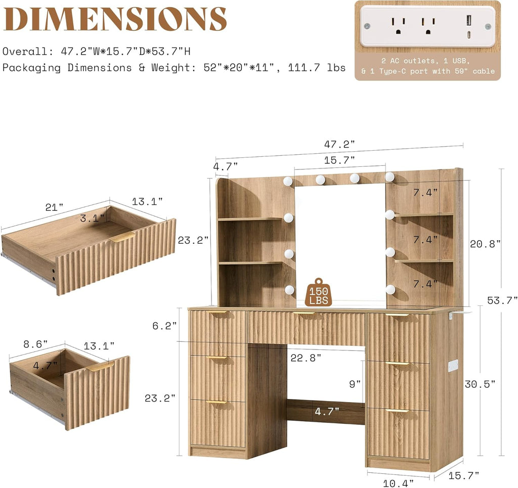 AMERLIFE 47.2" Fluted Vanity Desk with Mirror and Adjustable LED Lights, Large 7 Drawers Makeup Vanity Table with Glass Top and Charging Station for Women and Girls, Bedroom or Dorm, Natural Oak