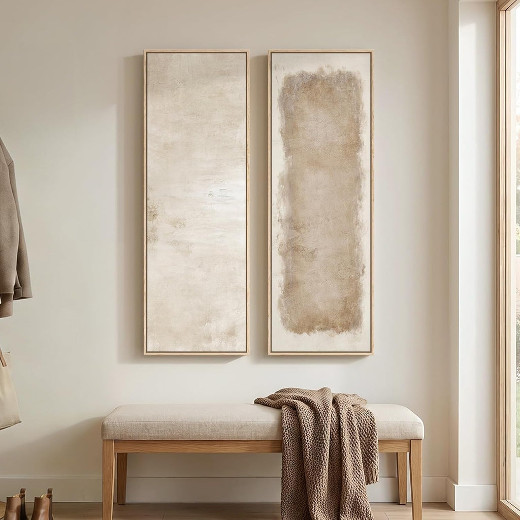 Long Narrow Framed Neutral Abstract Vertical Wall Art, 2 Piece Modern Canvas Prints Paintings Artwork for Walls, Tall Beige Cream Minimalist Pictures for Living Room Bedroom Hallway Entryway Wall Decor