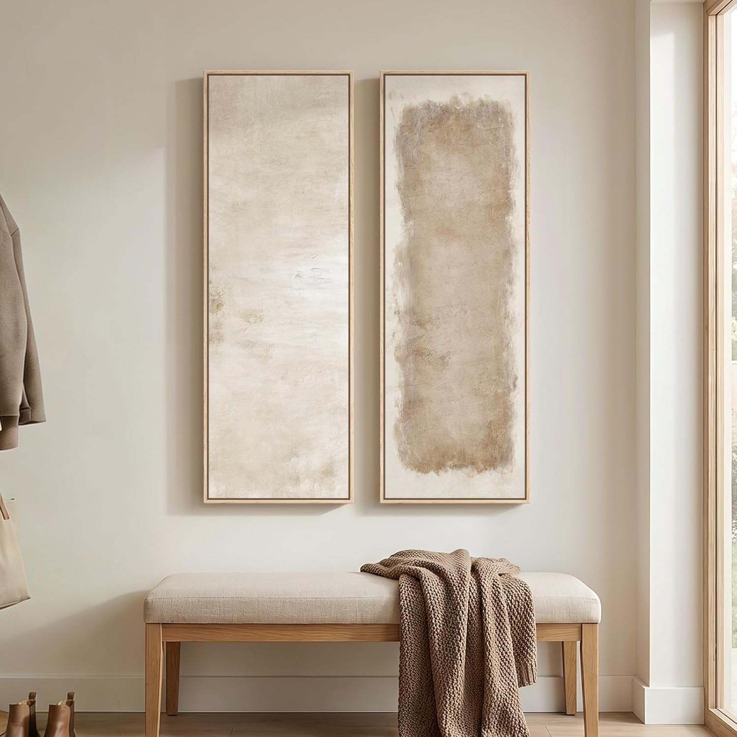 Long Narrow Framed Neutral Abstract Vertical Wall Art, 2 Piece Modern Canvas Prints Paintings Artwork for Walls, Tall Beige Cream Minimalist Pictures for Living Room Bedroom Hallway Entryway Wall Decor