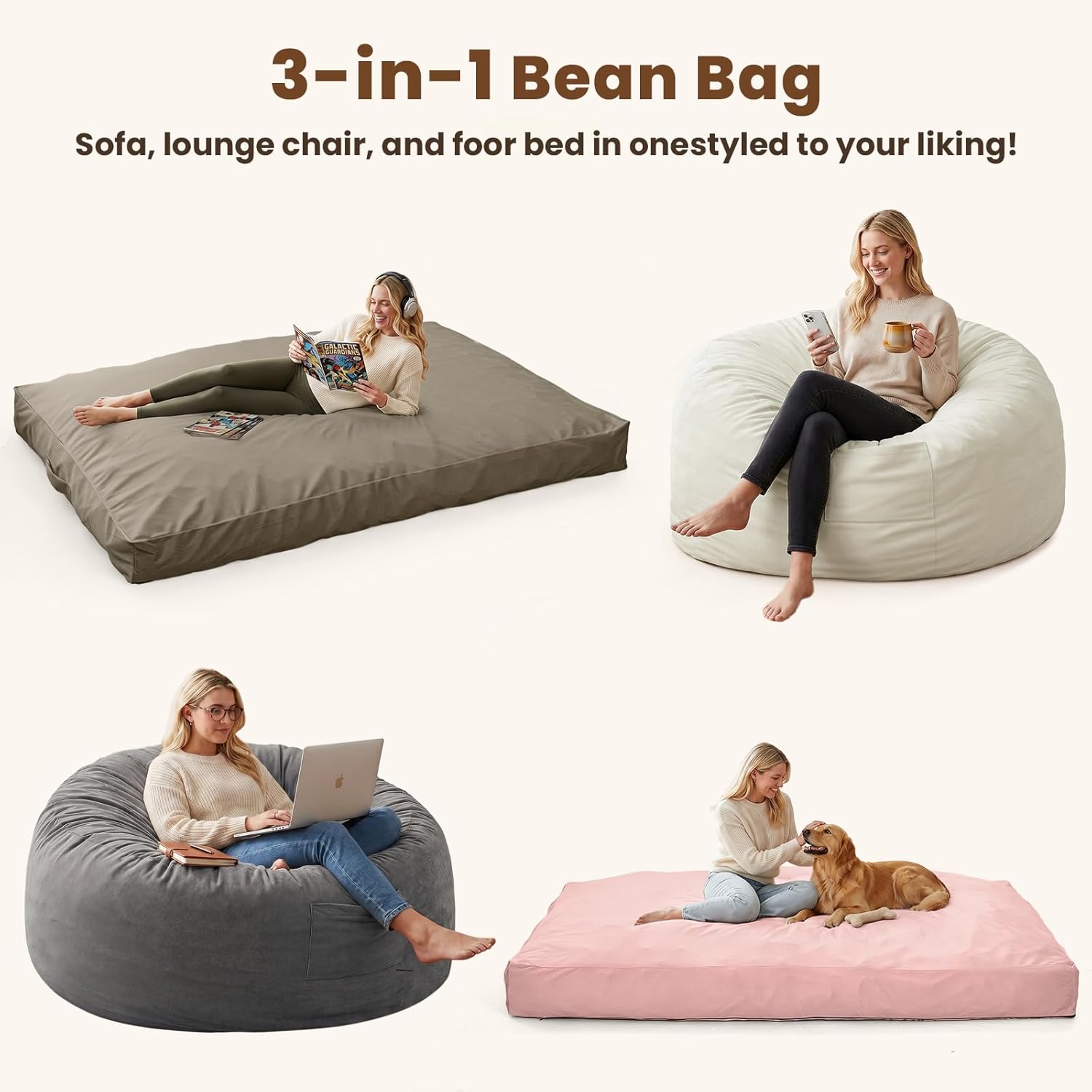 4 in 1 Adult Bean Bag Chair, 4ft Large Beanbag Chair with High Rebound Memory Foam Filler and Removable Cover, Oversized Comfy Flannel Bean Bag Couch Bed Lazy Sofa for Adults Teens, Grey