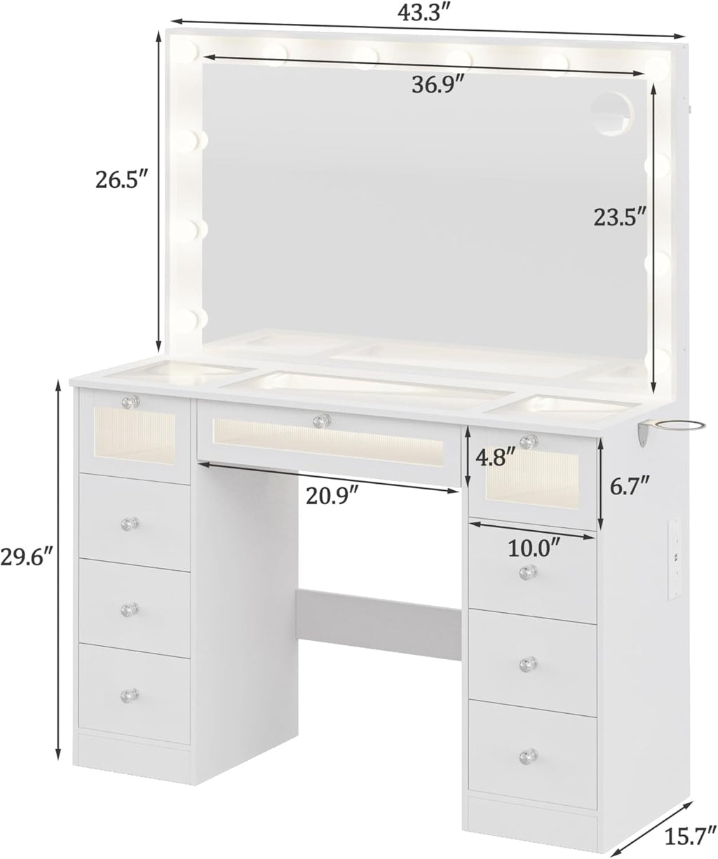 IFSEB Makeup Vanity Desk with LED Lights and Large 36.9'' Mirror, 9 Drawers Vanity with Glass Top & 3 Color Hollywood Bulbs, Make Up Vanity with Charging Station & Crystal Knobs for Woman, White