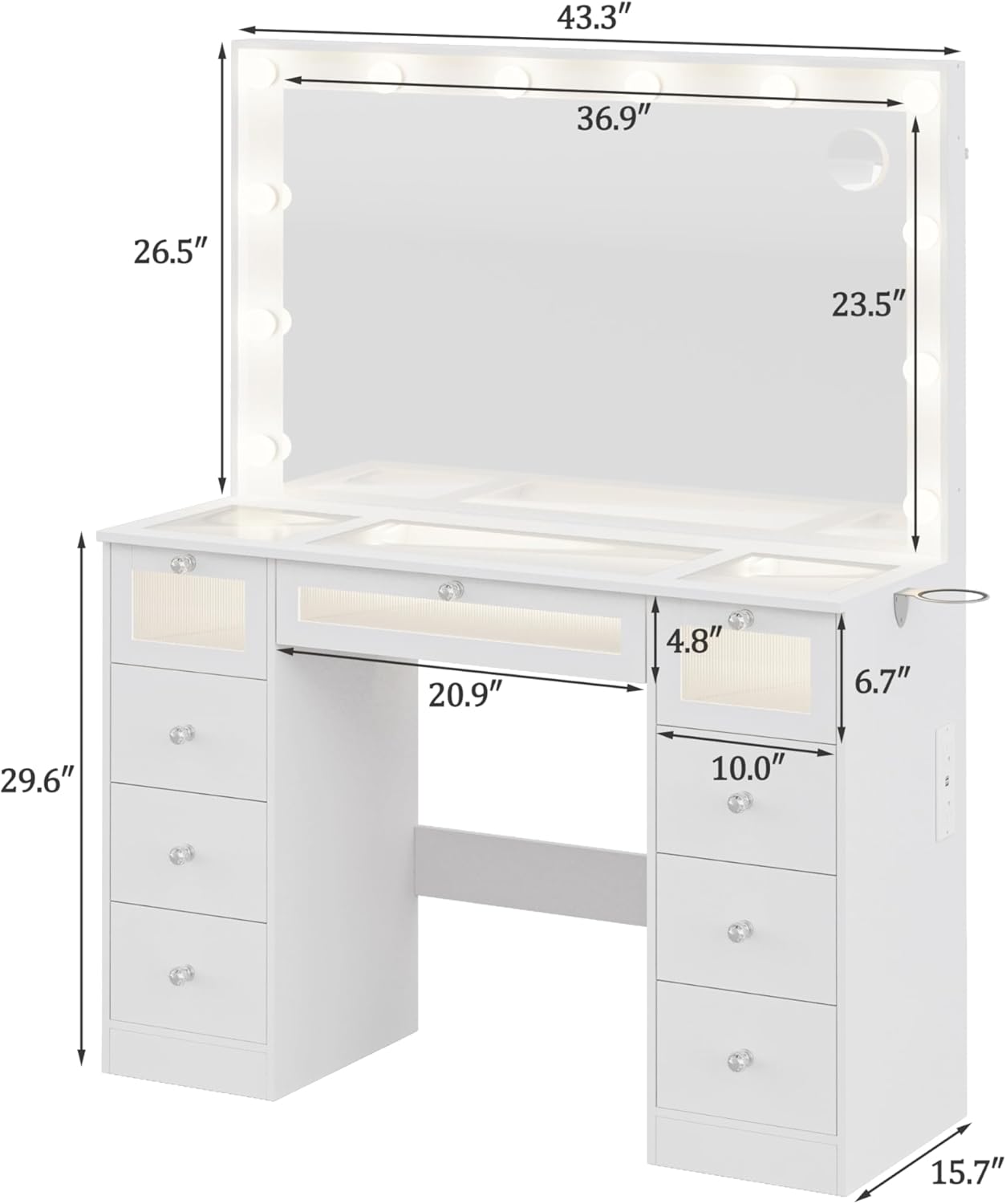 IFSEB Makeup Vanity Desk with LED Lights and Large 36.9'' Mirror, 9 Drawers Vanity with Glass Top & 3 Color Hollywood Bulbs, Make Up Vanity with Charging Station & Crystal Knobs for Woman, White