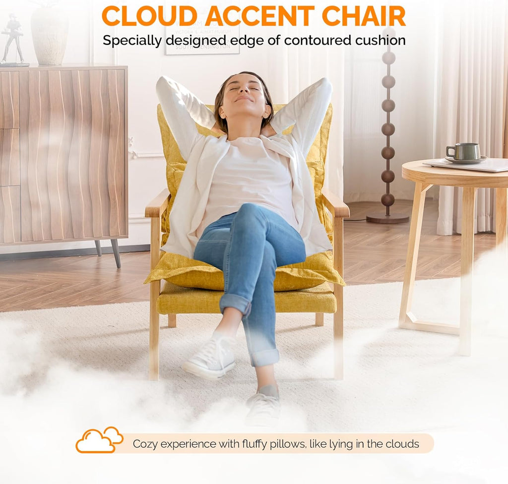 VINGLI Mid-Century Modern Cloud Accent Armchairs set of 2 with Lumbar Pillow, 6.3'' Thick Seat Cushion Reading Chairs with Wooden Armrests, Boho Lounge Chair for Bedroom, Living Room, Chenille, Yellow