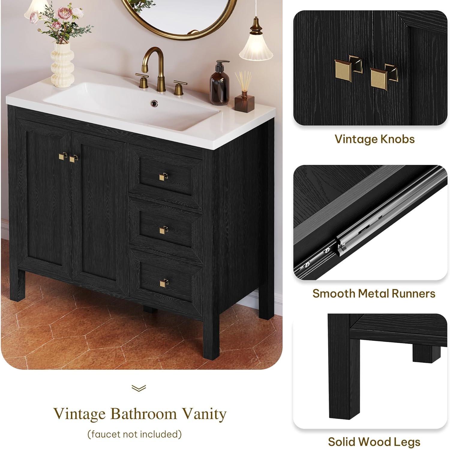 YITAHOME 36" Bathroom Vanity with Sink Set, Vintage Bathroom Cabinet Vanity with Resin Basin, Extra Large Storage with 2 Soft-Closing Doors & 3 Drawers, Black