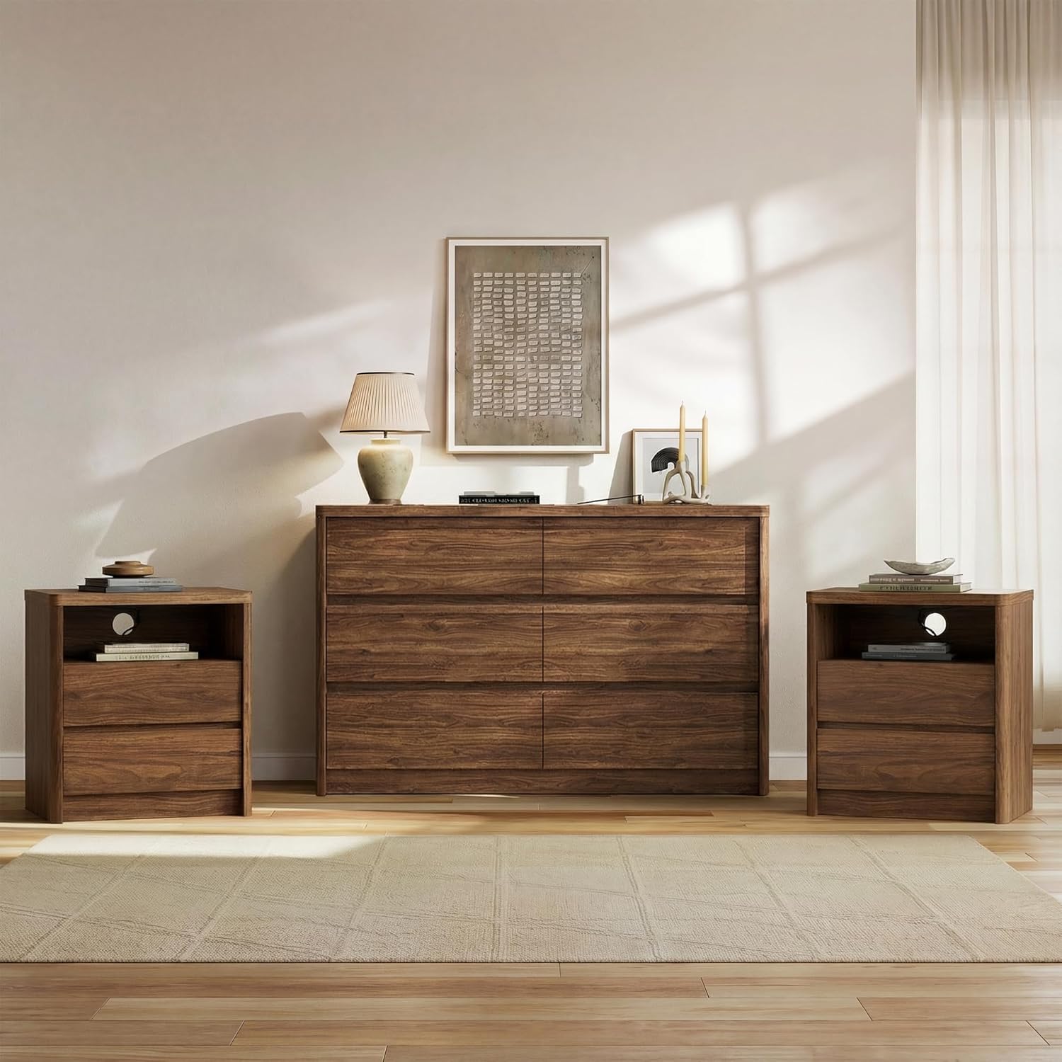 3 Pieces of Dresser and Nightstand Set,47.2 Inch Width 6-Drawer Dresser & 2-Drawer Nightstands Set of 2,Nightstand with USB&Type C Charging Station&Outlets, Modern Design for Bedroom, Walnut