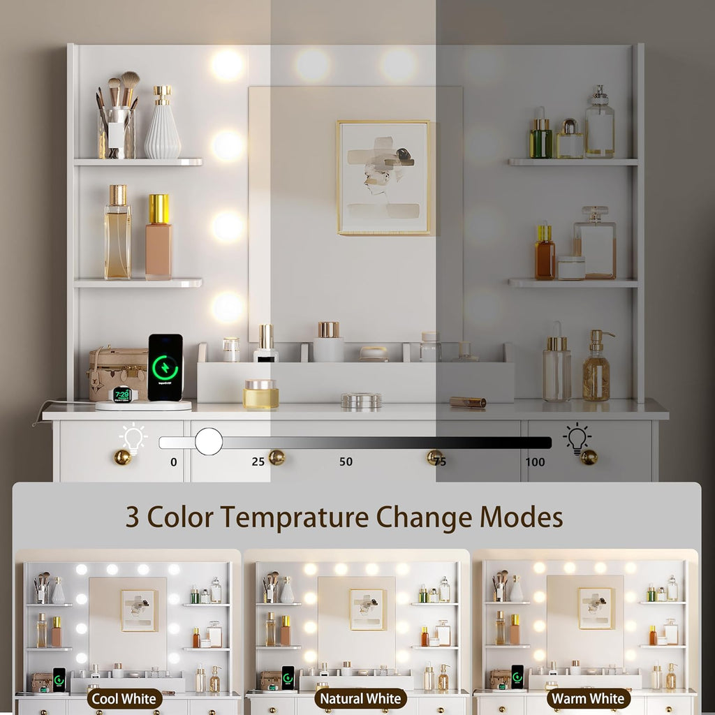 HUANLEGO Vanity Desk with Mirror and Lights, Makeup Vanity with Mirror and LED Lights & Power Outlet, 3 Drawers and Cabinets, 3 Lighting Modes Dressing Table Set for Girls Women Bedroom, White