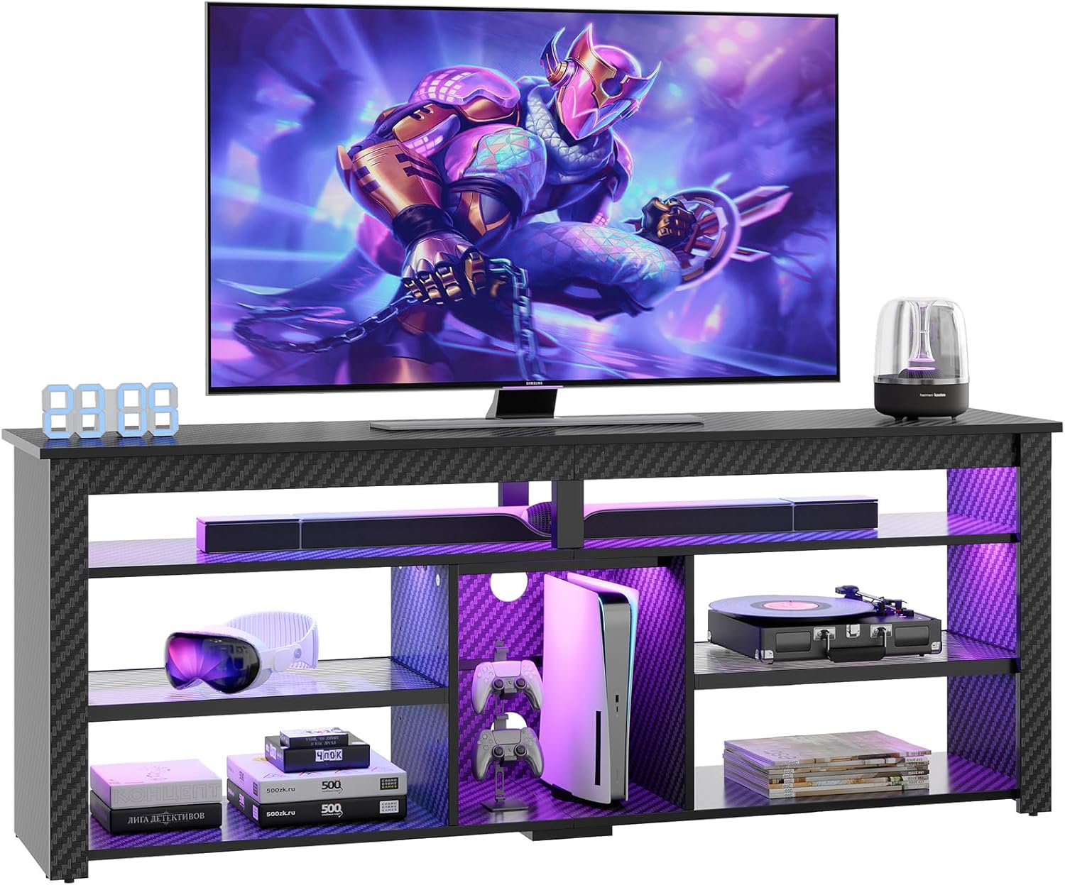 Bestier TV Stand for 70 inch TV, Tall Entertainment Center with 2 Led Lights, Gaming TV Console with Storage for PS5, Modern TV Cabinet for Bedroom, Living Room, Black Carbon Fiber