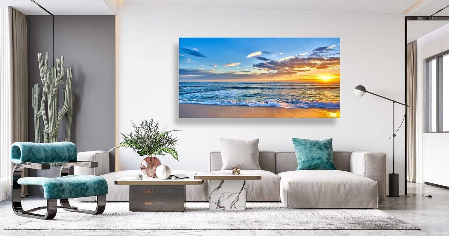 Aibonnly Wall Art Canvas Painting Seaside Sunset over the beaches 1 Piece blue sea view Landscape Ocean Picture Poster Print Framed Ready to Hang for Living Room Bedroom Kitchen Office