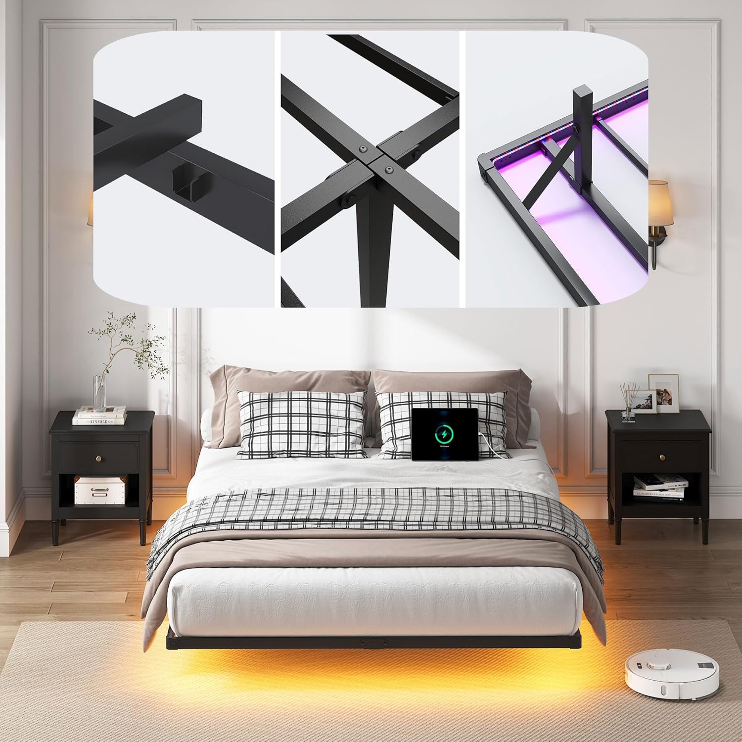 YORMDMO Floating Bed Frame Queen Size, Heavy Duty Bedframe with Smart LED Lights & Charging Station, Modern Metal Platform Bed, Easy Assembly No Box Spring Needed, 8 Inch