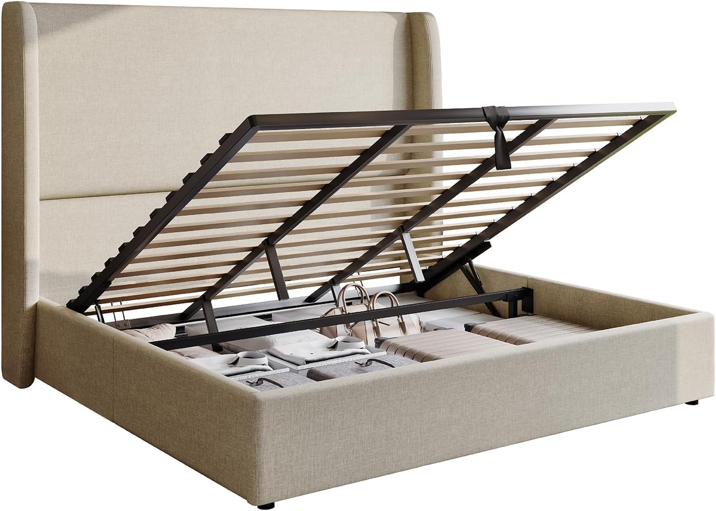 AMERLIFE Lift Up Storage Bed King Size Linen Upholstered Platform Bed Frame, Hydraulic Storage,Modern Wingback Headboard, No Box Spring Needed, Khaki