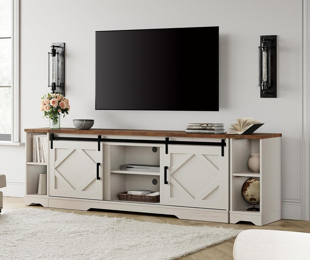 WAMPAT 3-in-1 Modern Farmhouse TV Stand for up to 95" TV, 25.6" H Wood Entertainment Center with Sliding Barn Door and Adjustable Media Storage Shelf for Living Room, Antique White