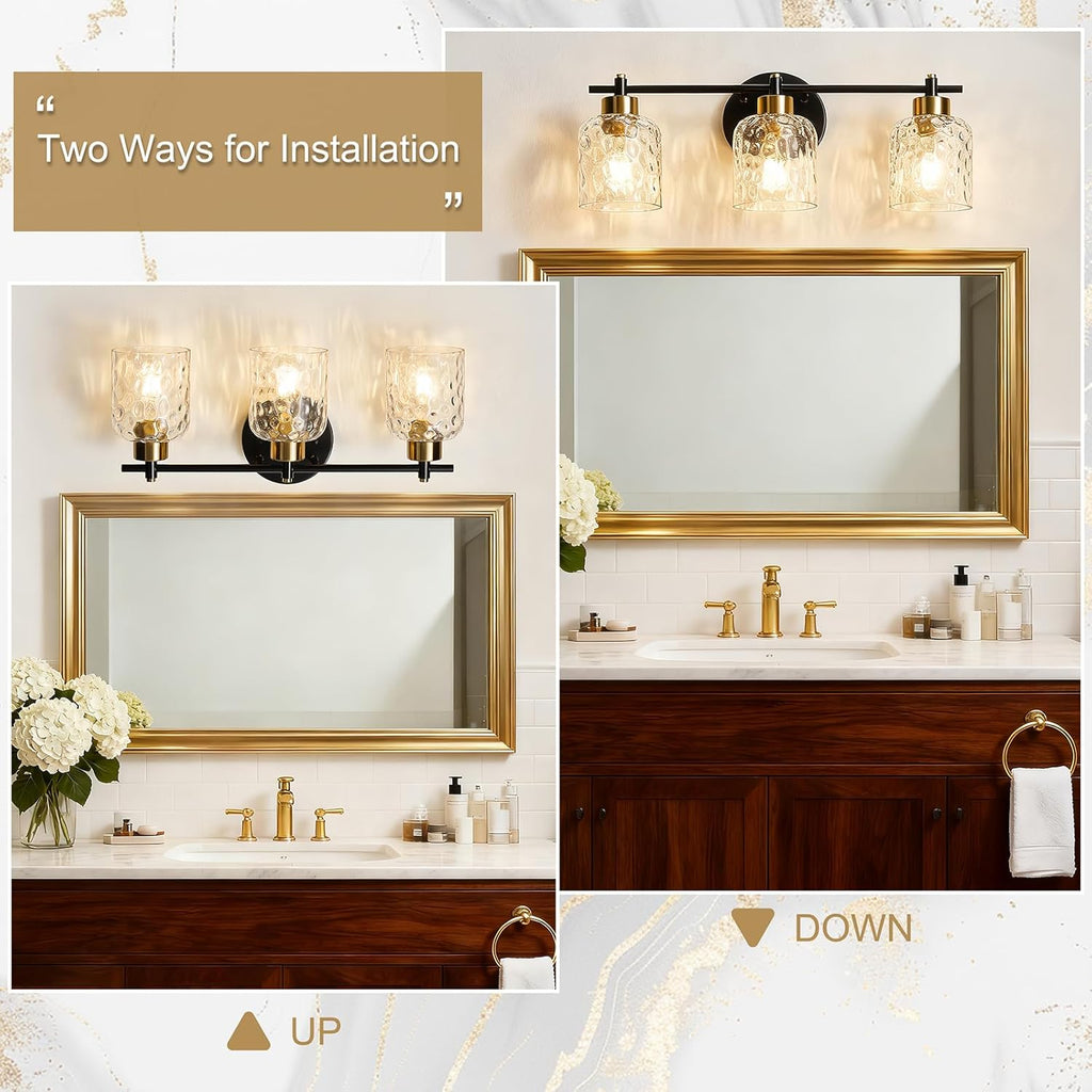 Bathroom Light Fixtures with Hammered Glass, 21.2" 3 Light Farmhouse Vanity Lights for Bathroom, Rustic Black and Gold Vanity Lighting Fixtures Over Mirror Makeup Room
