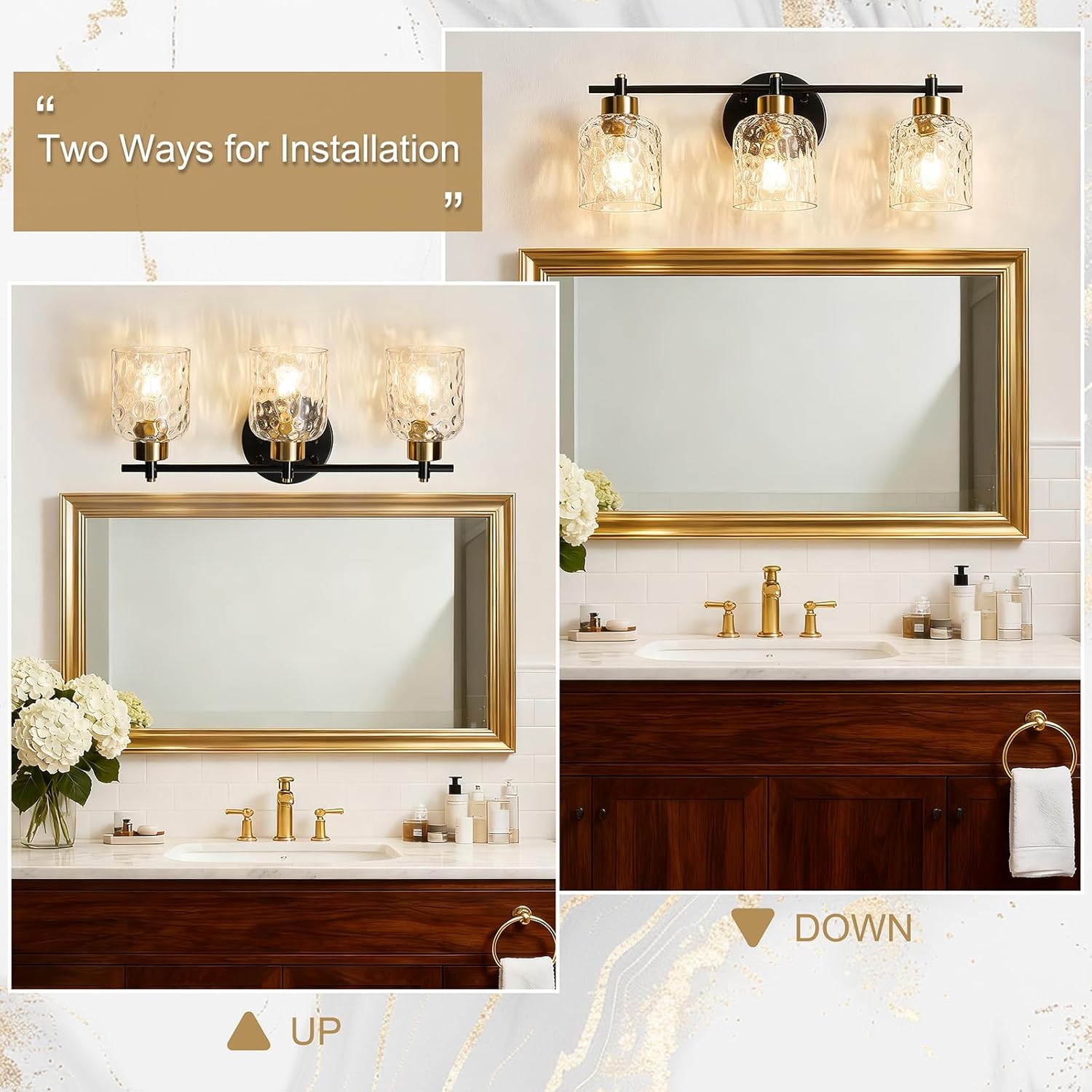 Bathroom Light Fixtures with Hammered Glass, 21.2" 3 Light Farmhouse Vanity Lights for Bathroom, Rustic Black and Gold Vanity Lighting Fixtures Over Mirror Makeup Room