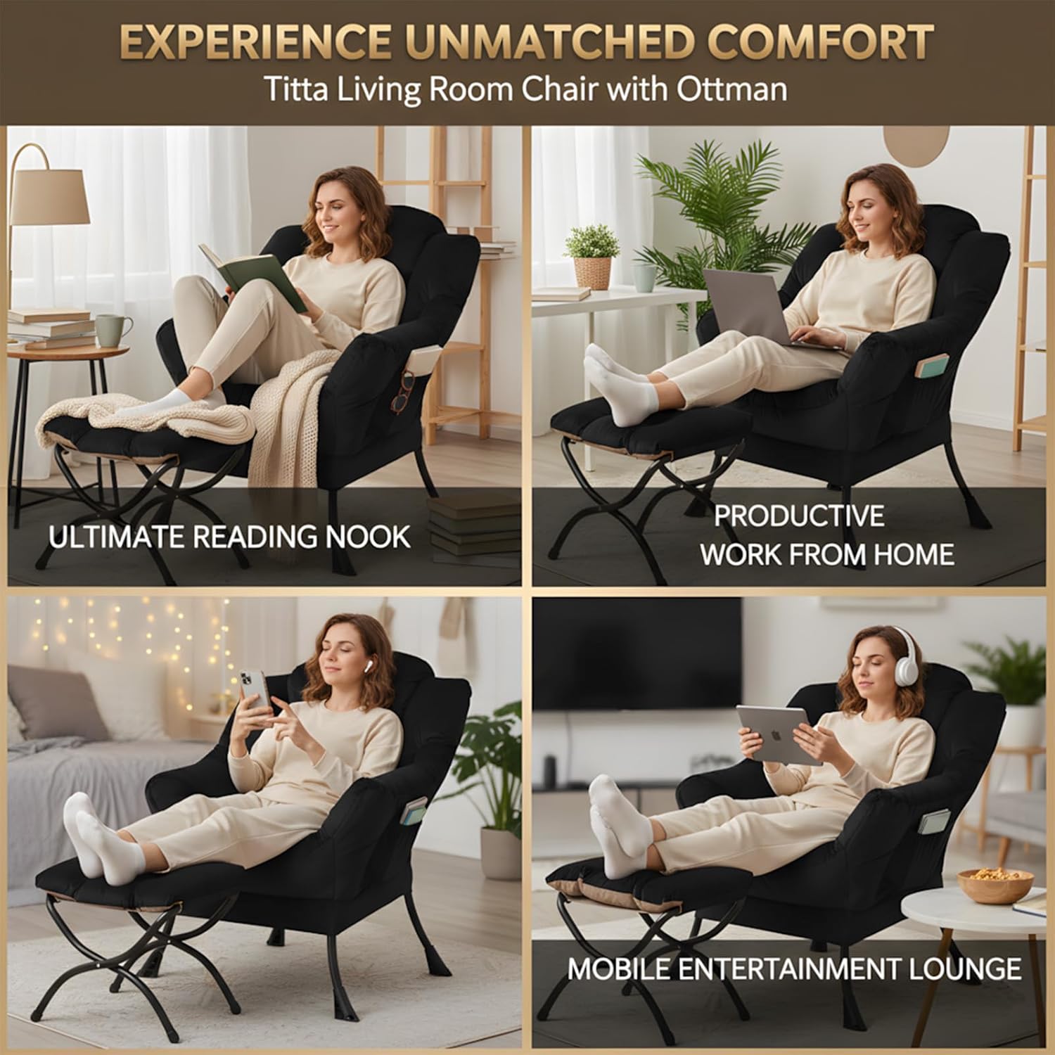 Tiita Lazy Chair with Ottoman, Black Modern Large Accent Chair, Comfy Leisure Sofa Armchair with Ottoman, Reading Chair with Footrest for Bedroom, Living Room, Dorm Rooms, Velvet Black