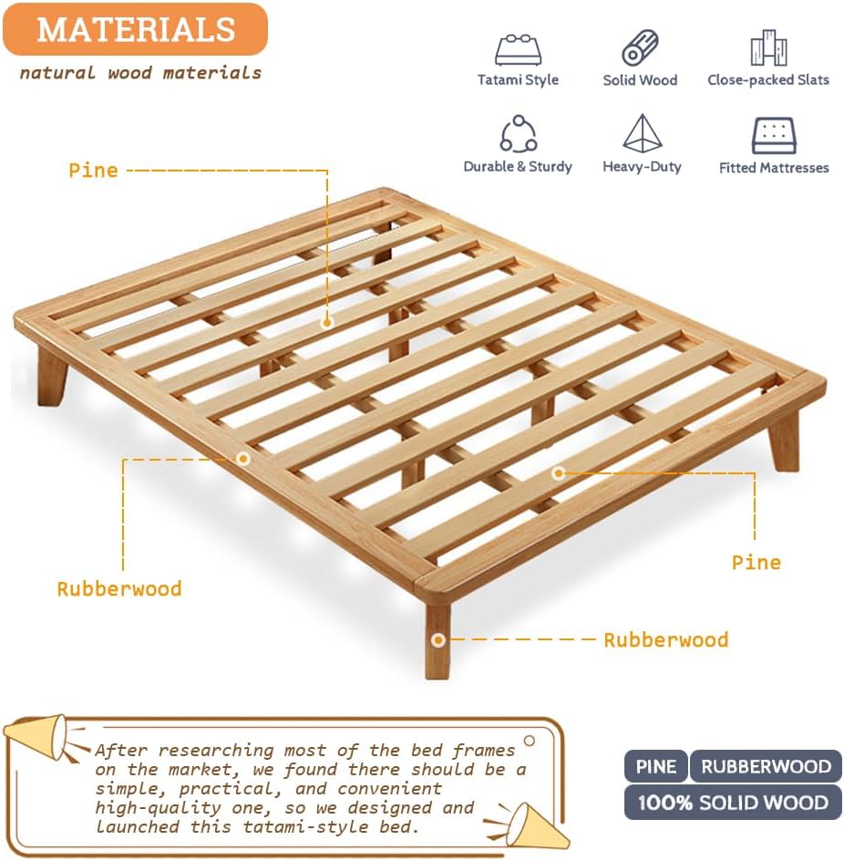NELYE Full Platform Bed Base - 14 Inch Solid Wood Mattress Foundation with Support Slats and Legs, Full-Size Rubberwood Simple Bed Frame
