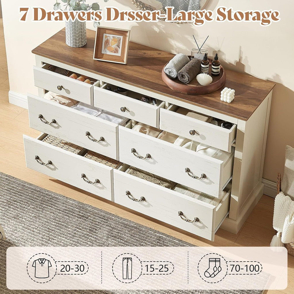 AMERLIFE Farmhouse 4 Pieces Bedroom Sets Includes 7 Drawers Dresser, 6 Dressers Organizer, Two Nightstands with Charging Station, White