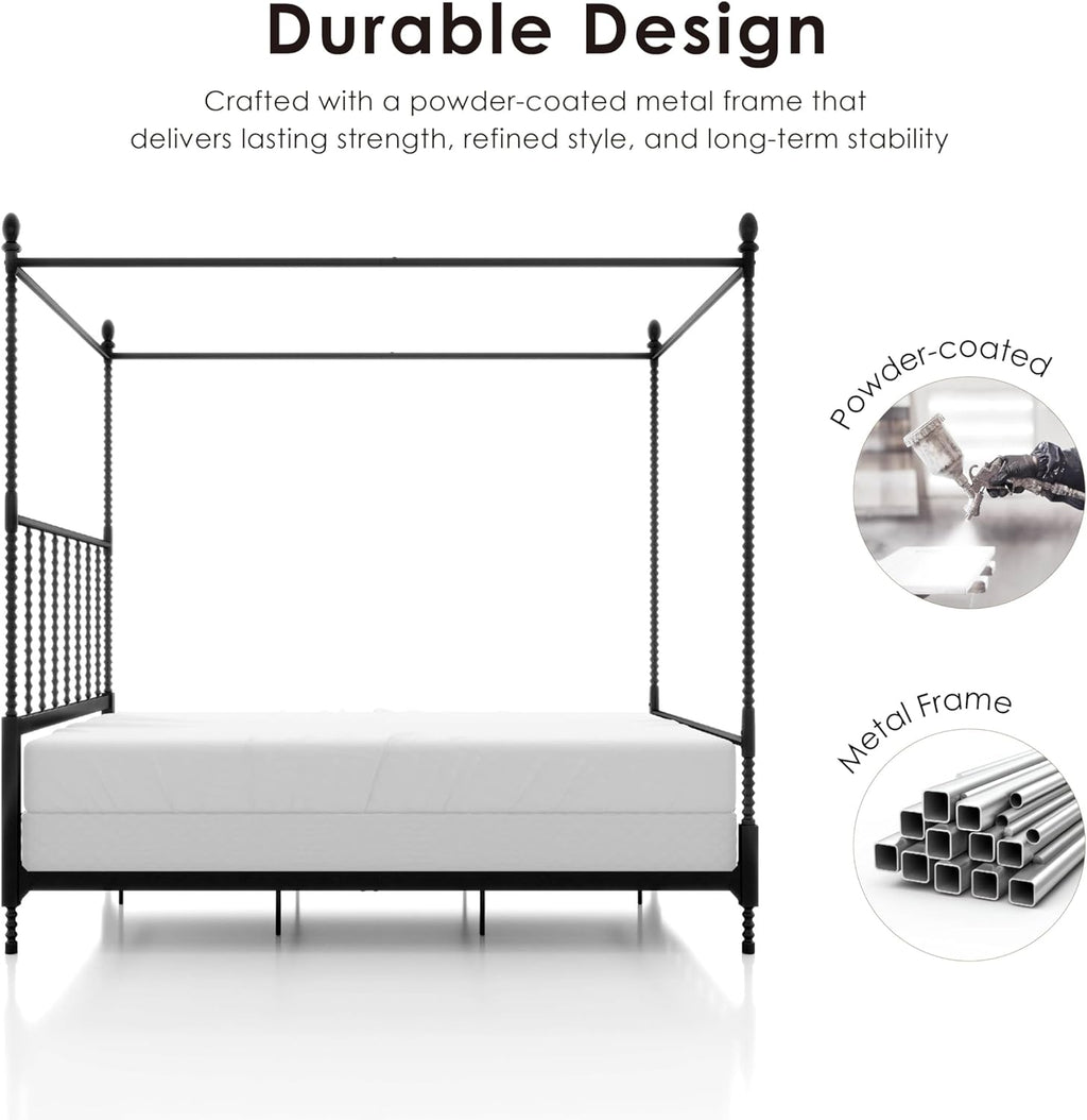 Furniture of America Vaeli Modern Metal King Size Four Poster Bed Frame with Spindles, Canopy Bedframe for Bedroom, Guest Room, Box Spring Required, Black