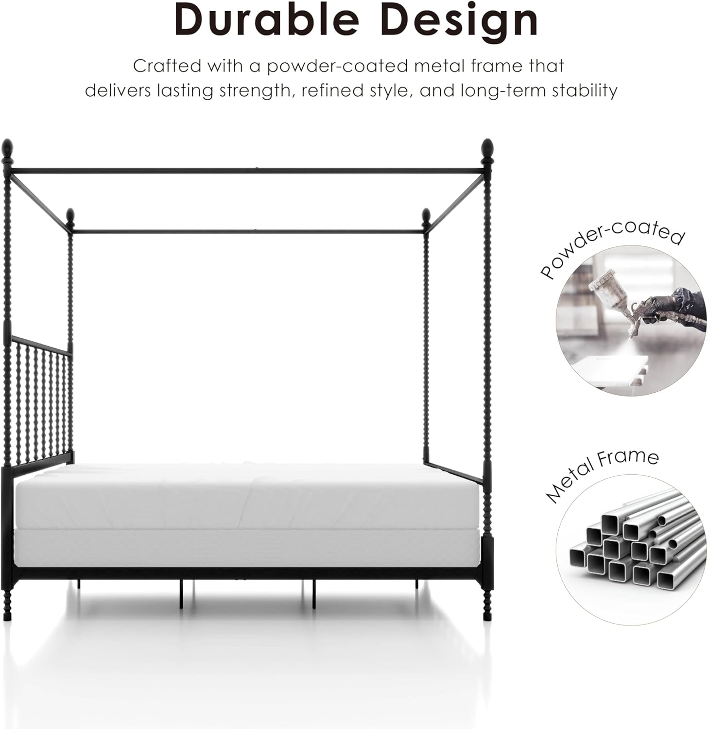 Furniture of America Vaeli Modern Metal King Size Four Poster Bed Frame with Spindles, Canopy Bedframe for Bedroom, Guest Room, Box Spring Required, Black
