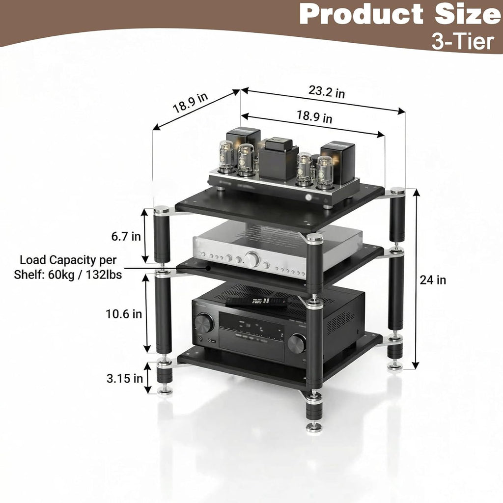 3-Tier AV Media Stand, Heavy Duty Audio Rack with Shock-Absorbing Foot pegs, Open Design av Stand, Multi-Layer Stereo Equipment Rack for Home, Office, Theater (Black, 3-Tiers)