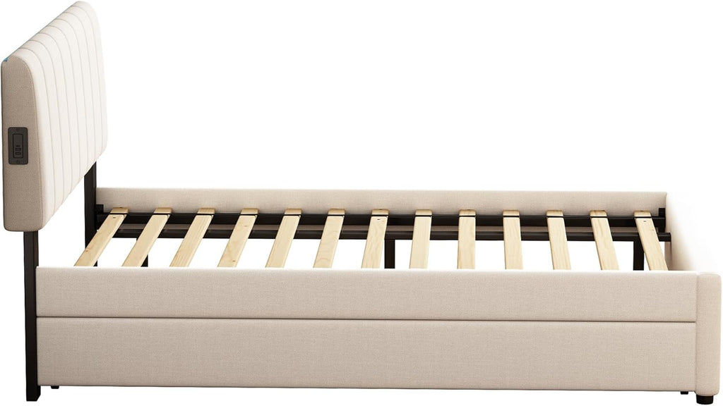 Full Size Upholstered Platform Bed with Trundle and 1 Sets of USB, Chenille Fabric Solid Wood Bedframe w/Wood Slats & LED Lights with APP for Bedroom,Beige
