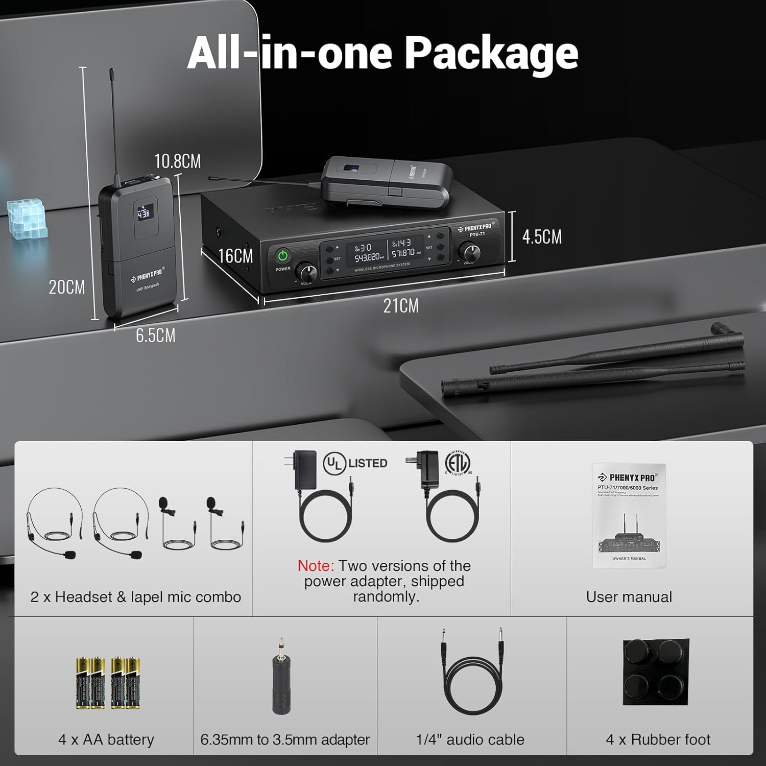 Phenyx Pro Dual UHF Wireless Microphone System .Auto-Scan Cordless Mic Set w/ 2x100 Frequencies, 2 Bodypacks & Headsets/Lapel Microphones for Speaking, Singing, Church, DJ (PTU-71-2B)