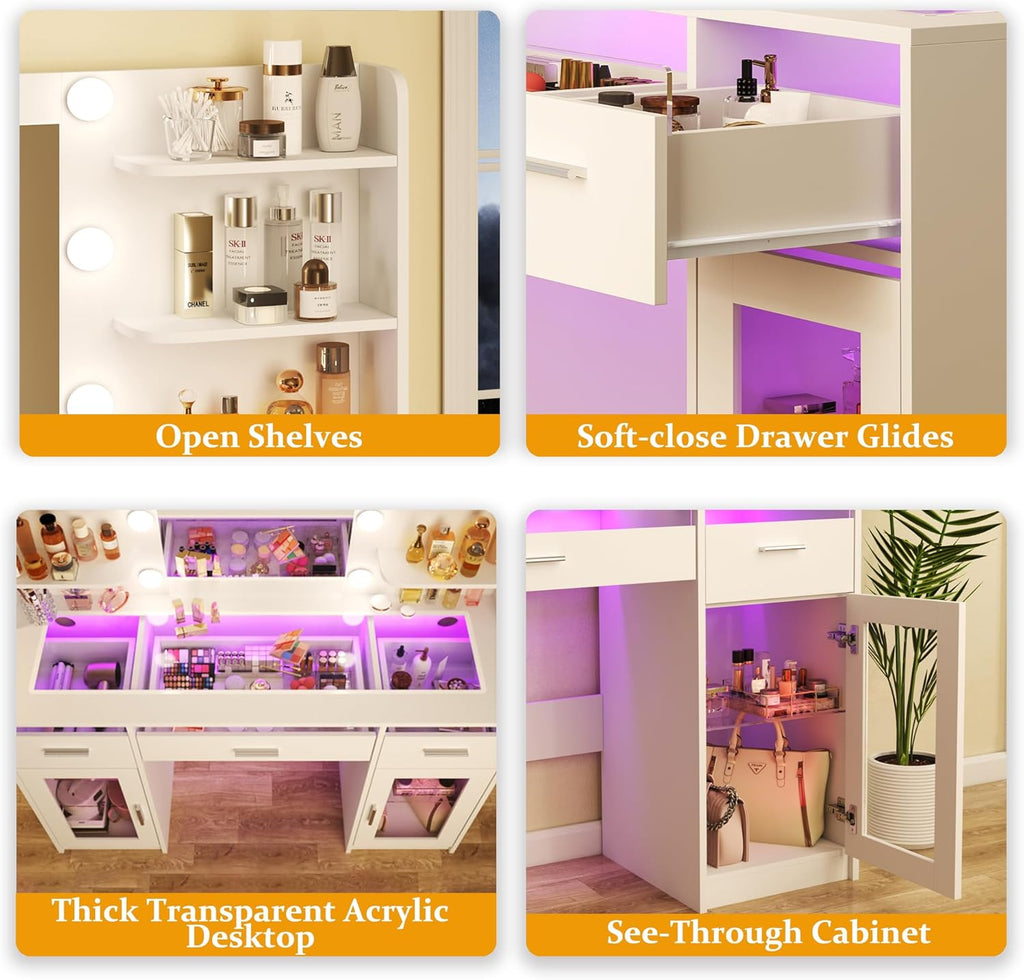 HUAHUU Vanity Desk, Makeup Vanity Desk with Mirror and Lights 3 Colors, Transparent Top with 3 RGB Drawers, 6 Shelves, 2 Large Tempered Cabinets, Power Outlet, for Bedroom, White