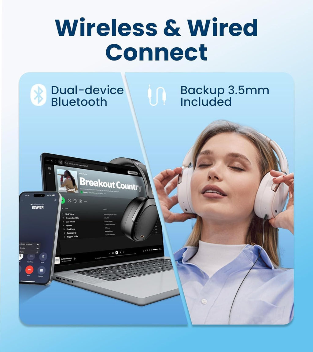 Edifier WH950NB Gen 2 Wireless Hybrid Active Noise Cancelling Headphones, Hi-Res Audio with LDAC 8-Level ANC, Spatial Sound 80H Playtime Bluetooth 5.4 Foldable 3.5mm AUX, Travel Case - Ivory