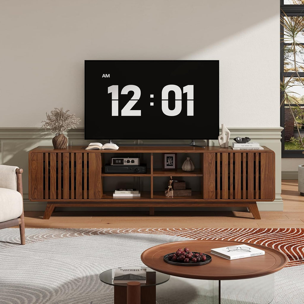 ONBRILL 70-Inch TV Stand for TVs up to 80 Inch, Mid-Century Modern Television Stand with Power Outlet . Entertainment Center with Sliding Grille Door Cabinets and Open Shelves for Living Room, Walnut