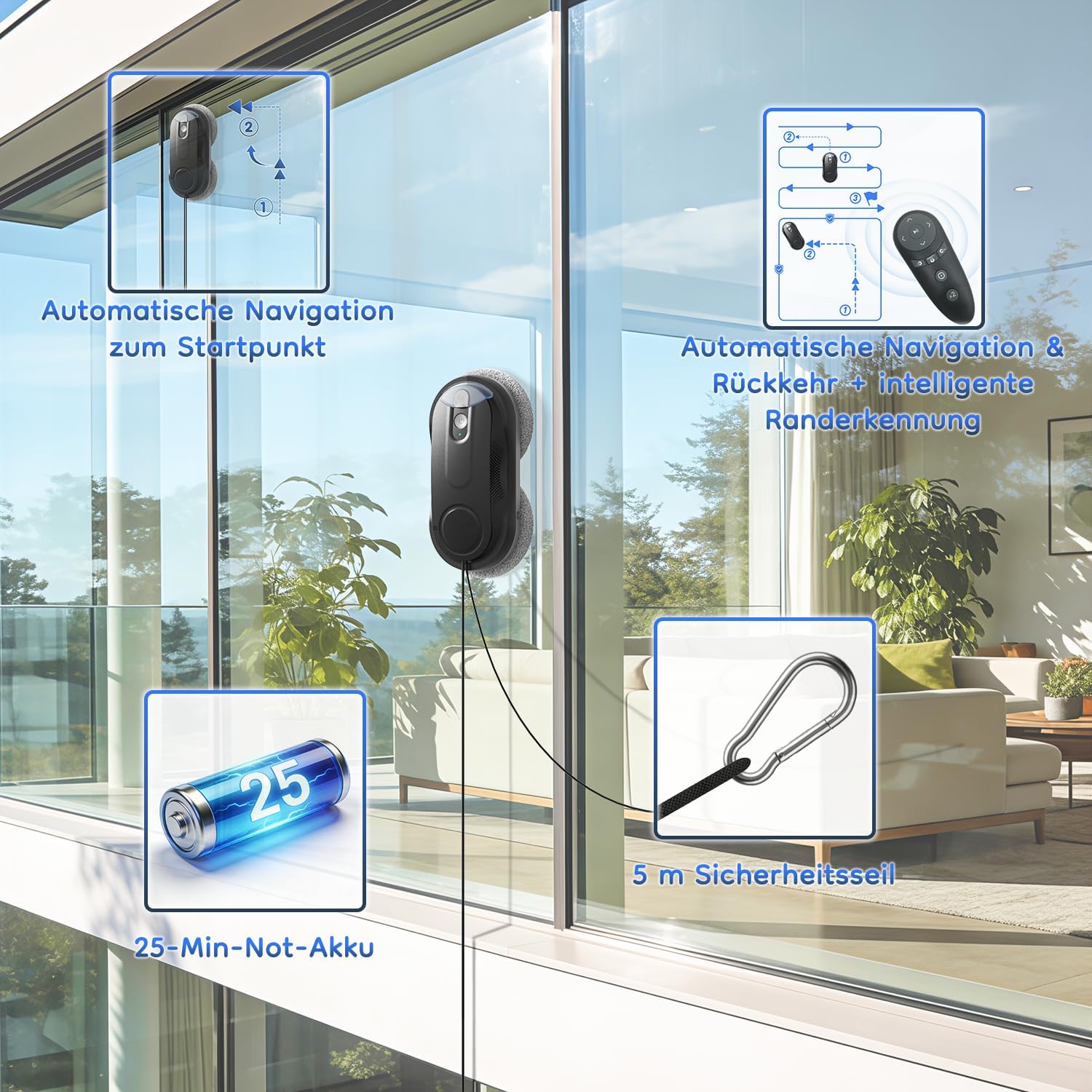 Obito X3 Window Cleaning Robot, Dual Nozzles with Ultrasonic Spray, 5.0 AI Path Planning, Max 3200Pa & Steady-Climbing System, Automatic Edge Detection, Robot Window Cleaner Inside/Outside, Black