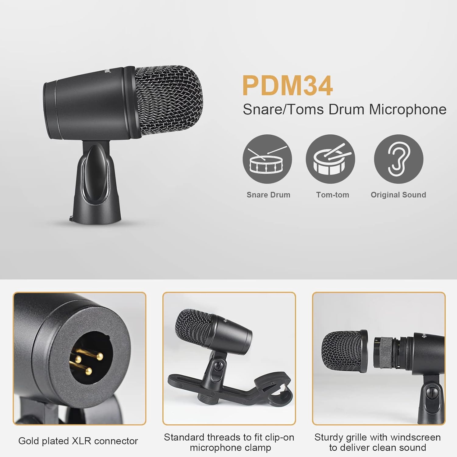 Phenyx Pro Drum Microphone Kit, 7-Piece Full Metal Wired Dynamic Mic Set for Bass/Tom/Snare/Hi-hat Cymbals, with Carrying Case, Holders, and Threaded Clips (PTD-10)