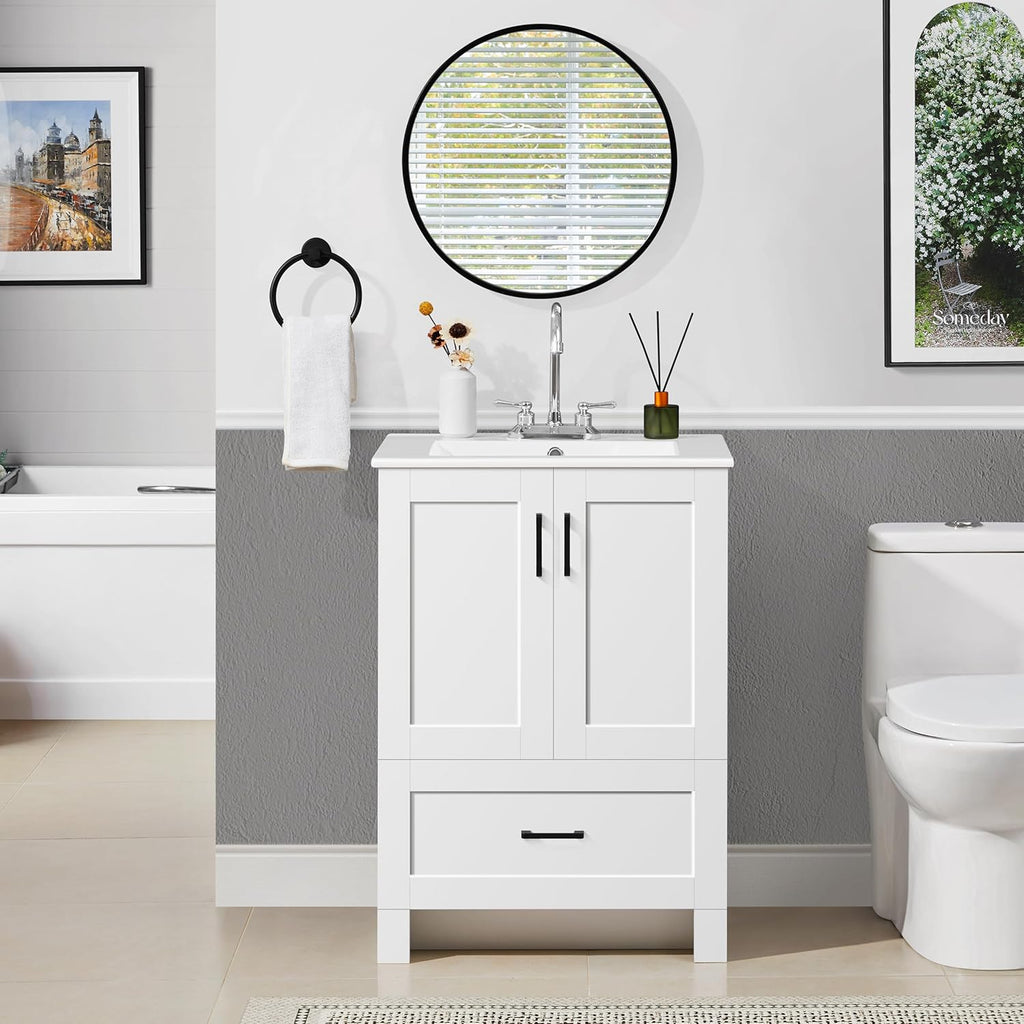 Yaheetech 24.5" Modern Bathroom Vanity with Ceramic Basin, Undermount Vanity Sink Cabinet with 2 Doors and 1 Drawer, Free Standing Bathroom Storage Cabinet with Sink Combo Set, White