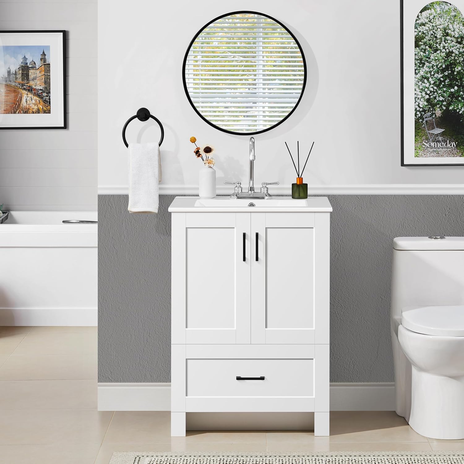 Yaheetech 24.5" Modern Bathroom Vanity with Ceramic Basin, Undermount Vanity Sink Cabinet with 2 Doors and 1 Drawer, Free Standing Bathroom Storage Cabinet with Sink Combo Set, White