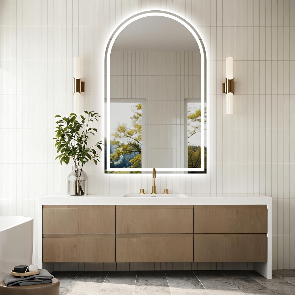 Niccy Arched LED Bathroom Mirror, 48x30 Arch Wall Mounted Frameless Bathroom Mirror for Vanity, Smart Lighted Frontlit Mirrors with Memory Function for Bathroom Bedroom Beauty Hair Salon
