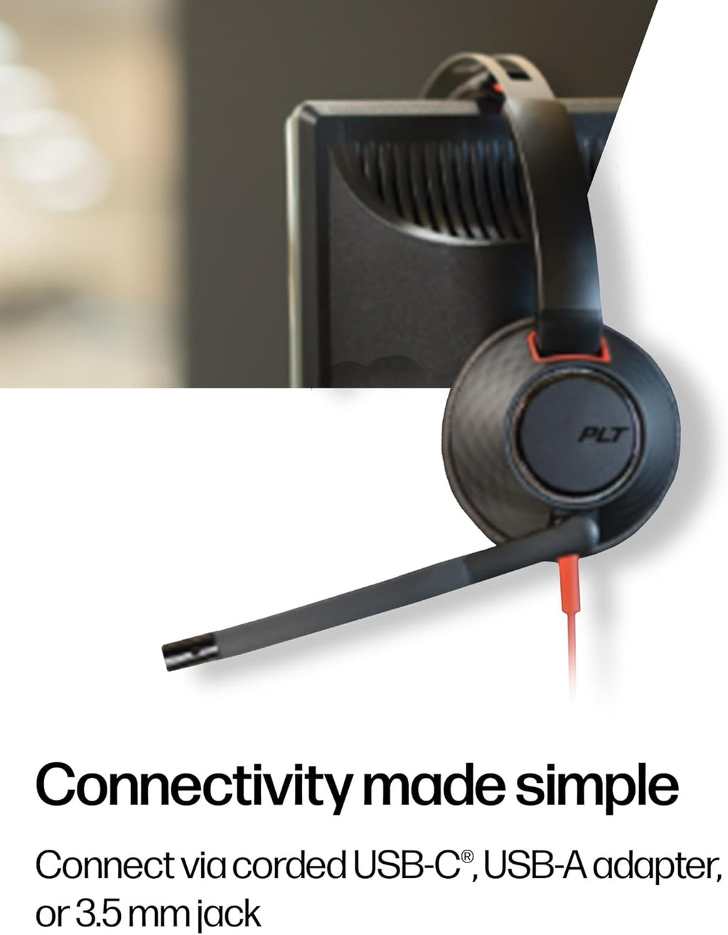Poly Blackwire 5220 Wired Headset - Flexible Boom Mic - Noise Cancelling Headphones with Mic - USB-C, USB-A, 3.5mm - Ergonomic Over-Ear Design - Works with Microsoft Teams, Zoom - Work from Home