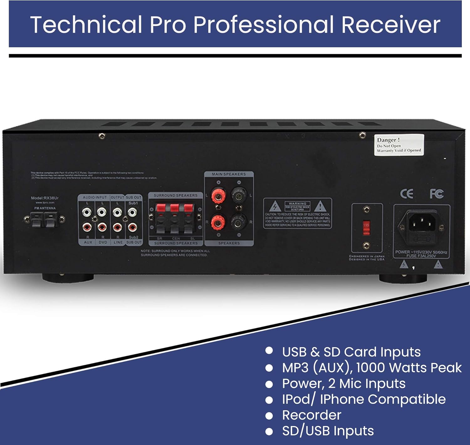 Home Theater System Kit 1000 Watts Professional Home Stereo Receiver with (Qty 4) 5.25” 175 Watts in-Wall in-Ceiling Speakers & Remote Control - Perfect for Home/Office/Bar By Technical Pro