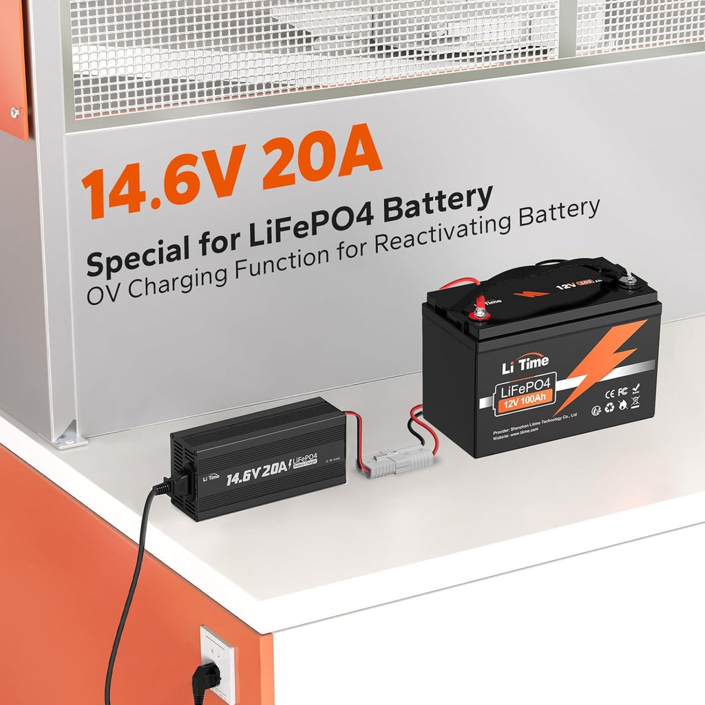 LiTime 12V 20A Lithium Battery Charger, AC-DC Charger with Anderson Connector & LED Indicator for 14.6V LiFePO4, Smart Charger for RV, Off-Grid, Home, Deep Cycle Battery, Solar System