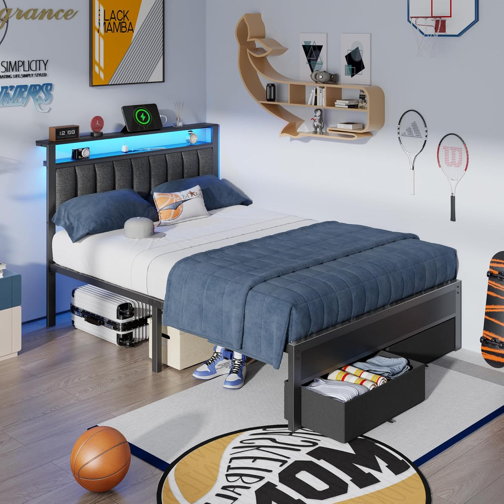 Furnulem Full Size Bed Frame with Charging Station and LED Lights, Grey Upholstered Headboard with Shelves, Metal Platform Bed with 2 Under-Bed Storage (Fabric Drawer on Wheels), No Box Spring Needed