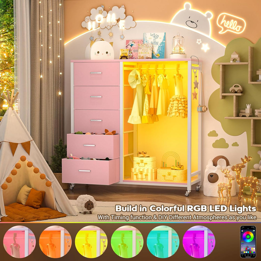 Cyclysio Dresser with Hanging Rack, 5 Fabric Drawers Dresser with Clothes Rack, Wooden Top Storage Chest of Drawers with Charging Station & LED Lights, Lockable Wheels, Closet