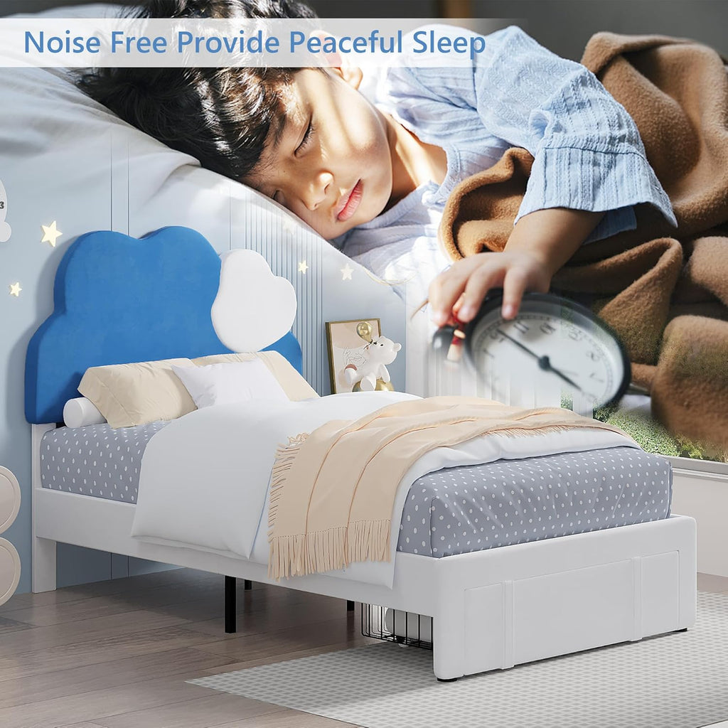 VECELO 2 Set Twin Size Bed Frame, Upholstered Platform Bedframe with Height Adjustable Cloud-Shaped Headboard, Strong Wood Slat Supports, No Box Spring Needed, Blue