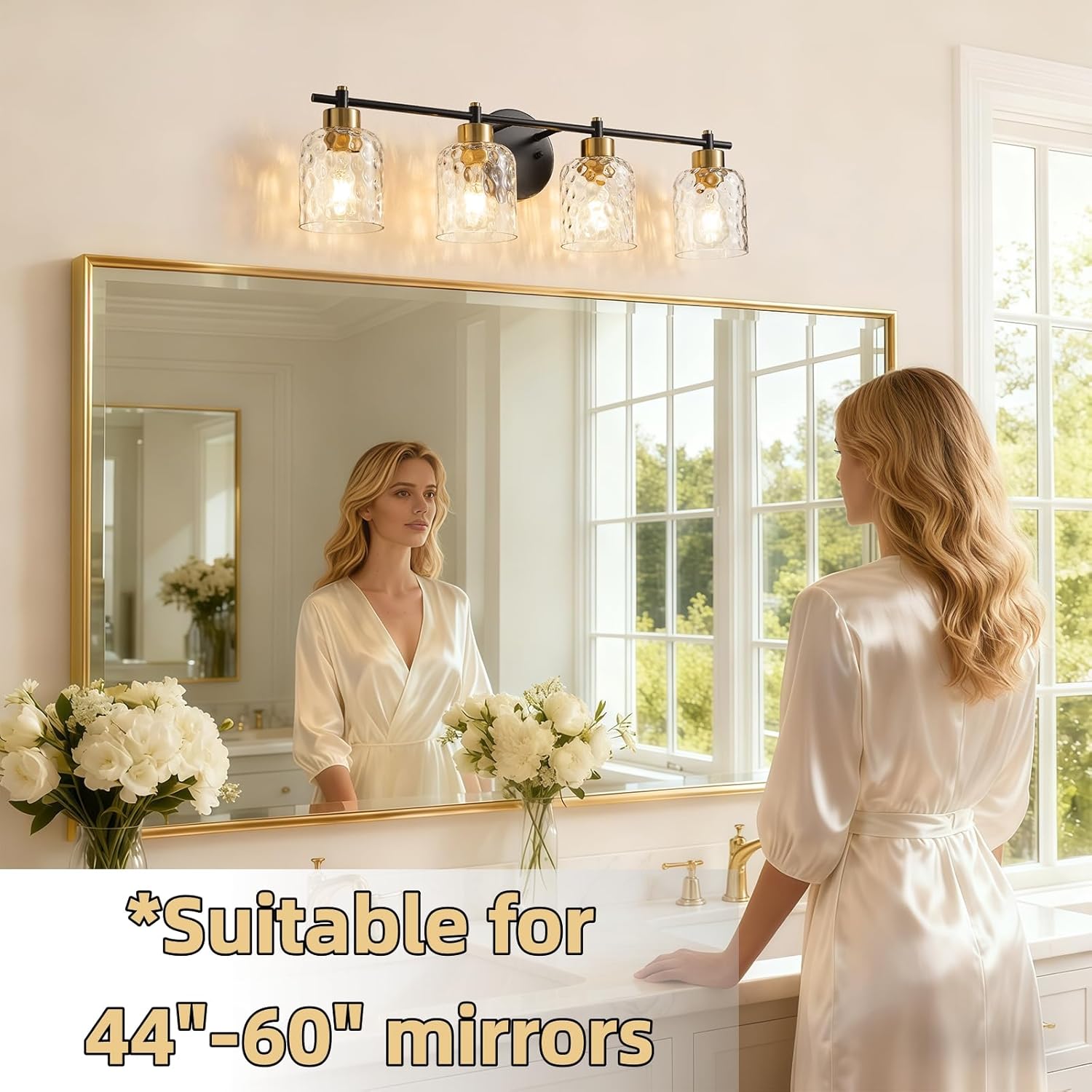Black Bathroom Light Fixtures, 30.7" 4 Light Black and Gold Vanity Lights for Bathroom Lights with Hammered Glass, Rustic Vanity Lighting Fixtures Over Mirror