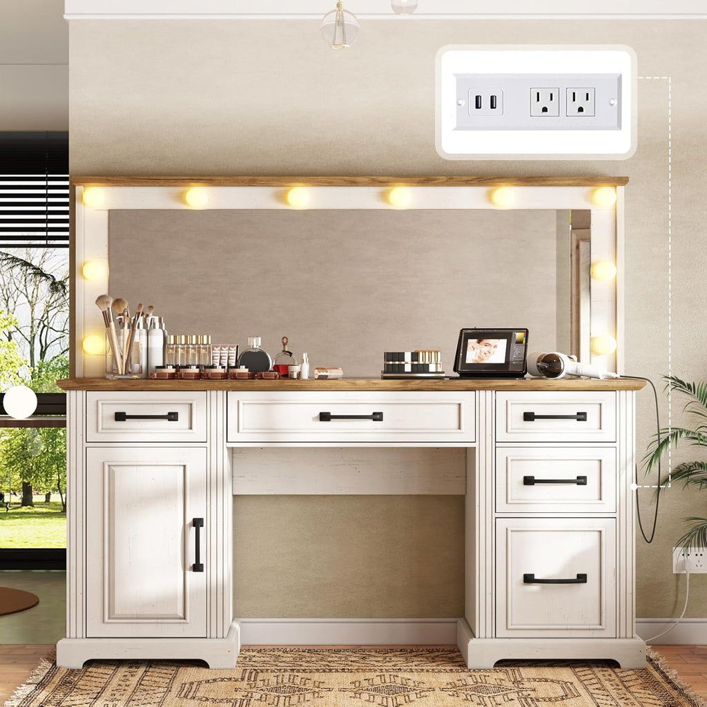 AMERLIFE 55" W Makeup Vanity with Hollywood Mirror, Glass Top Vanity with 5 Drawers & Charging Station, 10 Detachable Light Bulbs, Adjustable Brightness, Antique White