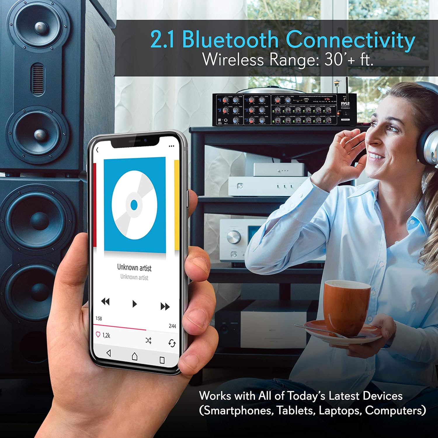 Pyle 12-Channel Wireless Bluetooth Power Amplifier - 6000 Watts Maximum Power Output, Multi-Zone Audio Source Mixer Receiver with USB, SD, AUX Inputs, and Digital LED Display Panel - PT12050CH.5