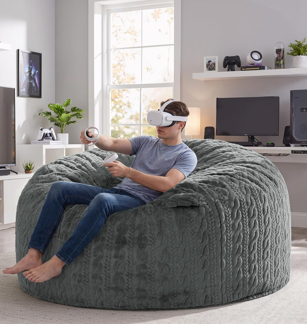 5FT Bean Bag Chair Giant Beanbag Chairs for Adults with Memory Foam Removable Cover Luxurious Braided Fabric, Adult Bean Bag Chairs for Living Room Bedroom Gaming Dorm Office（Grey,5FT-50"*50"*24"）